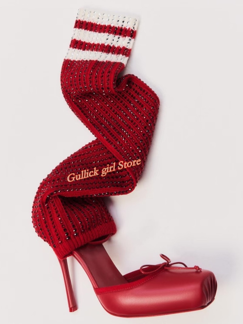 Knee High Sock Women - Красные вязаные ботильоны с квадратным носком,